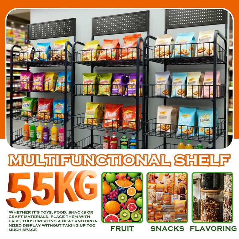 Nerxerx 4 Tier Retail Candy Display Rack Metal Storage Shelf with Wheels & 15 Hooks Concession Candy Snack Display Racks Sturdy and Stable Chip Shelf Rack for Stores, Kitchen, Office (4 Tier Black 50cm) - Image 4